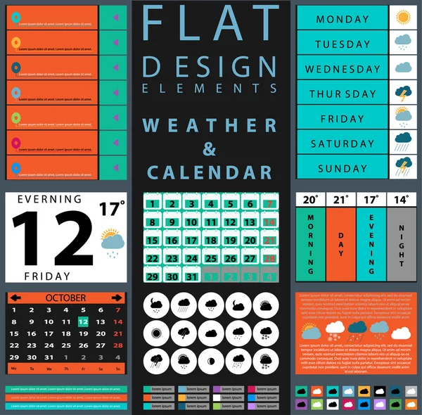 Ensemble de composants avec design météo et calendrier — Image vectorielle