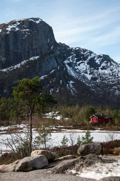 Rotes norwegisches Holzhaus im Winterwald in der Nähe des Mou — Stockfoto