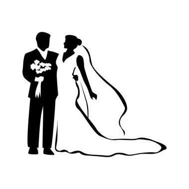 Köprü ve damat silueti vektör çizimi. Düğün işareti ve sembol. romantik çift..
