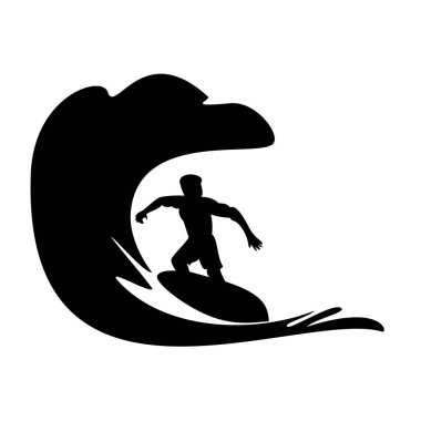 Sörfçü silueti. Sörfçü ve dalga vektör çizimi. spor işareti ve sembol.