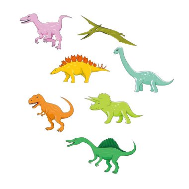 Bir dizi dinozor vektör çizimi. velociraptor, tyrannosaurus, triceratops, brontosaurus, stegosaurus.