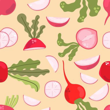 Kusursuz turp deseni, yarısı dilimlenmiş. Düz Çizim.