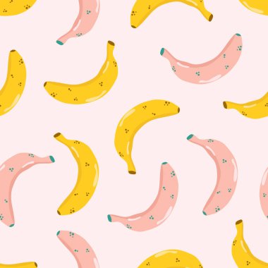 Pembe ve sarı muzların el çizimi kusursuz deseni. Modern düz resimleme.