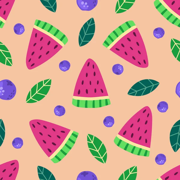 Nahtloses Muster Aus Handgezeichneten Wassermelonenscheiben Blaubeeren Und Blättern Moderne Flache — Stockvektor