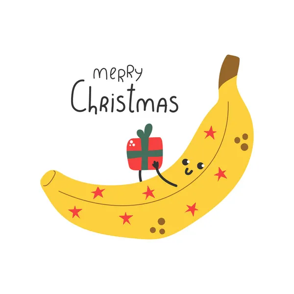 Милый Банан Подарочной Коробкой Веселым Лицом Рождеством Христовым — стоковый вектор