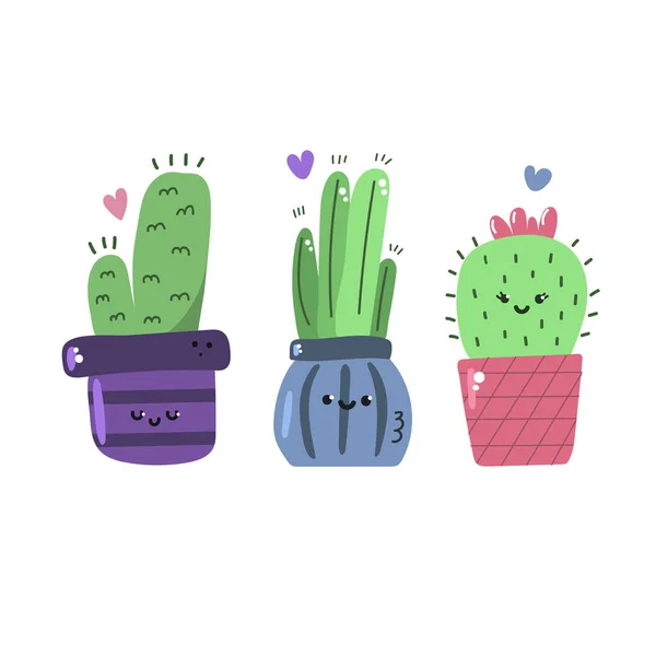 Cute Hand Drawn Pots Cacti Fun Faces Home Plants Kawaii — Stock Vector