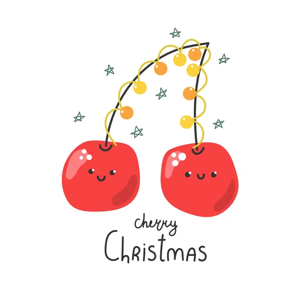 Jolies Cerises Dessinées Main Avec Guirlande Texte Cerise Noël — Image vectorielle