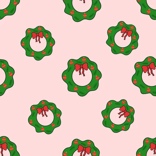 Couronne Noël Verte Avec Contour Noir Sur Fond Rose Modèle — Image vectorielle
