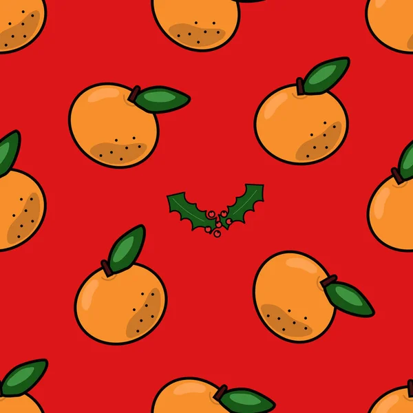 Nahtloses Muster Von Mandarinen Mit Blättern Auf Rotem Hintergrund — Stockvektor