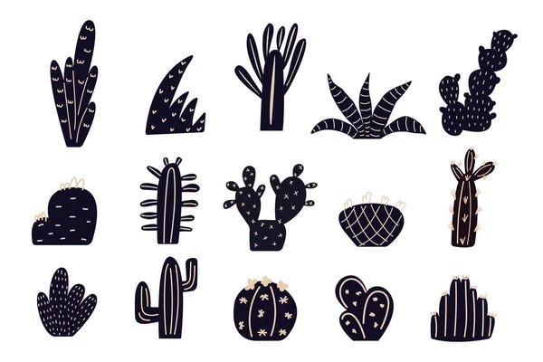 Set Cactus Astratti Disegnati Mano Moderno Blu Scuro Piante Esotiche — Vettoriale Stock