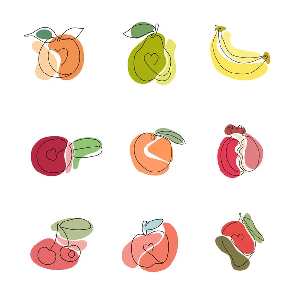 Eine Reihe Von Früchten Zeichnet Eine Linie Mit Farbflecken Moderne — Stockvektor