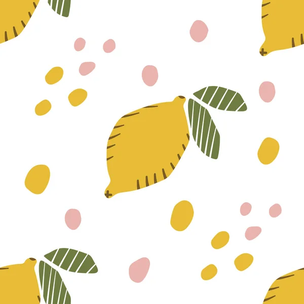 Modello Senza Cuciture Limone Disegnato Mano Con Macchie Sfondo Bianco — Vettoriale Stock