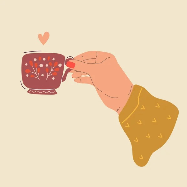 Woman Hand Hold Cup Tea Coffee Hand Drawn Modern Flat — Vector de stock