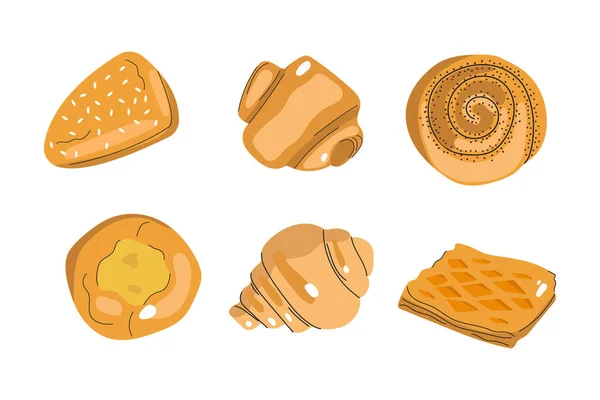 Hand Drawn Set Bakery Products Flat Illustration Buns Pastry Web — Image vectorielle