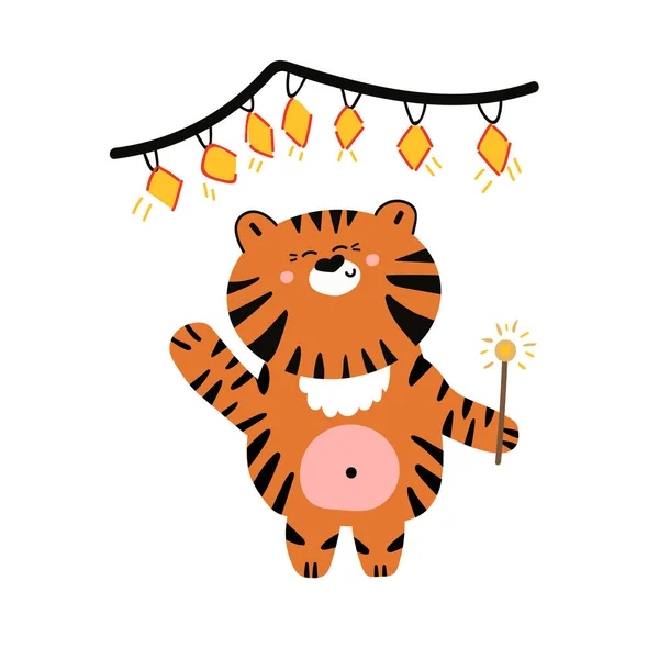 Hand Drawn Cute Tiger Waves His Hand Holds Sparkler Him — Stock vektor