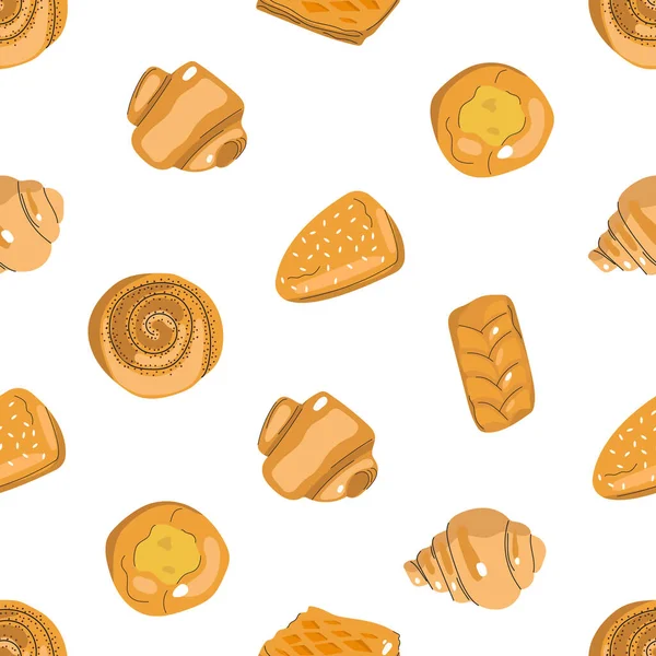 Hand Drawn Seamless Pattern Bakery Products Baked Goods Flat Vector — Image vectorielle