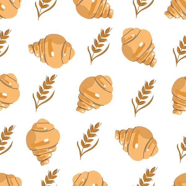 Modèle Sans Couture Délicieux Croissants Dessinés Main Germe Blé Illustration — Image vectorielle