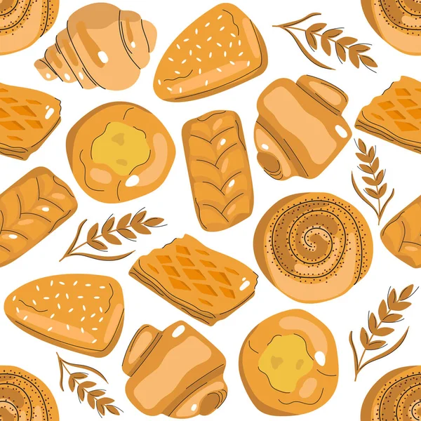 Seamless Pattern Hand Drawn Bakery Products Buns Pastry Croissants Wheat — Image vectorielle