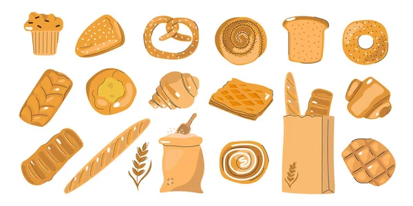 Big Set Hand Drawn Bakery Products Flat Illustration Buns Pastry — Vetor de Stock