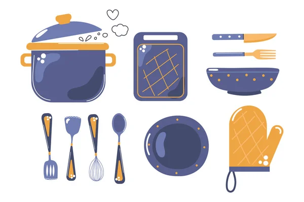 Set Cooking Utensils Kitchen Dishes Flat Vector Illustration — Vetor de Stock