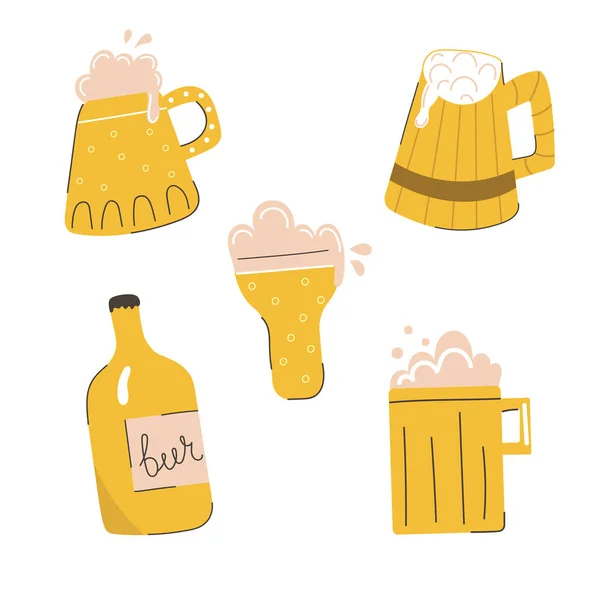 Hand Drawn Set Cute Modern Beer Cups Flat Illustration — Stockvector