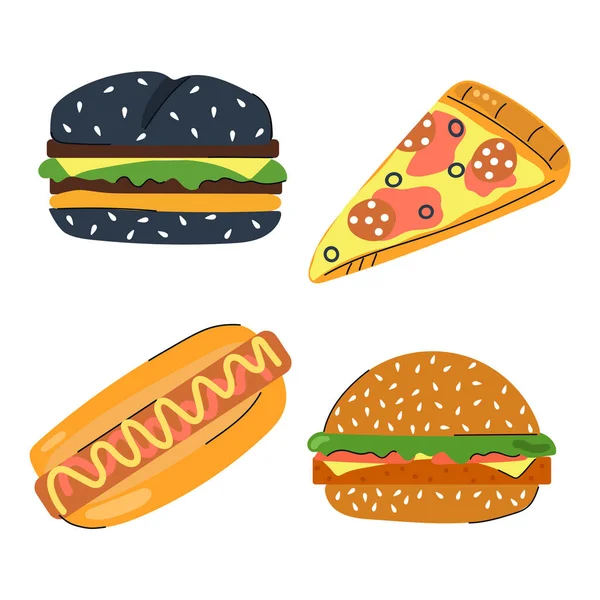 Yapımı Burger Sosisli Sandviç Pizza Fast Food Konsepti Düz Çizim — Stok Vektör