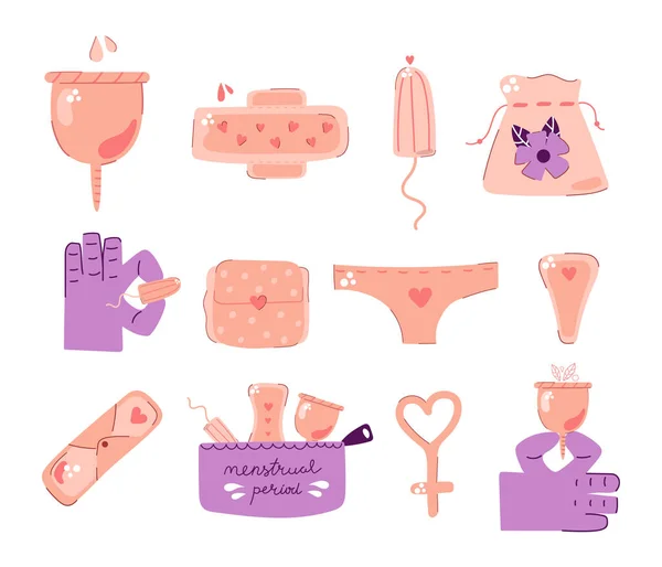 Kézzel Húzott Készlet Női Higiéniai Termékek Menstruációs Ciklus Tampon Női — Stock Vector