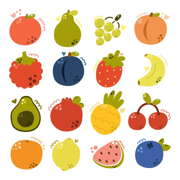 Handgezeichnetes Set Von Cuty Fruits Apfel Birne Traube Pfirsich Himbeere — Stockvektor