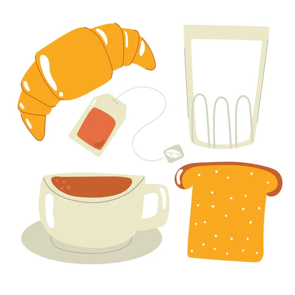 Kahvaltı Malzemeleri Kahve Çay Fincanı Bir Dilim Ekmek Bir Bardak — Stok Vektör