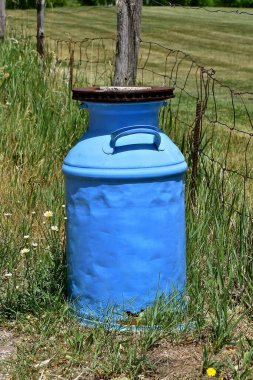 An old milk and cream can painted blue serves as a driveway decoration