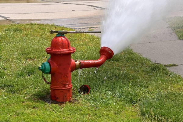 Fire Hydrant Process Being Flushed Tested Leaves Stream Water — Stock Photo, Image