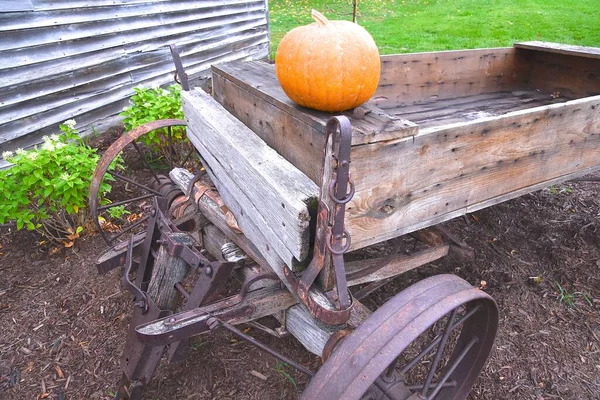 Lone Pumpkin Remains Old Steel Wheeled Wagon Box — Stock Photo, Image