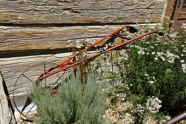 Very Old One Wheeled Push Garden Cultivator Leans Frame Old — Stock Fotó