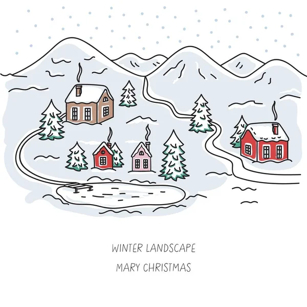 Téli táj házak, fenyők, tó és hegyek.Színes vektor illusztráció elszigetelt fehér hátter.Karácsonyi házak. — Stock Vector