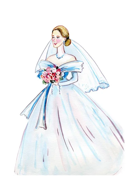 Акварель Наречена з букетом квітів і фати в білій весільній сукні ізольовані на білому фоні . — стокове фото