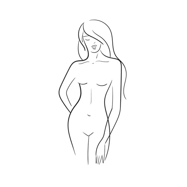 Dessiné à la main Belle jeune femme nue isolée sur fond blanc.Illustration de ligne.Logo Beauté.. — Image vectorielle