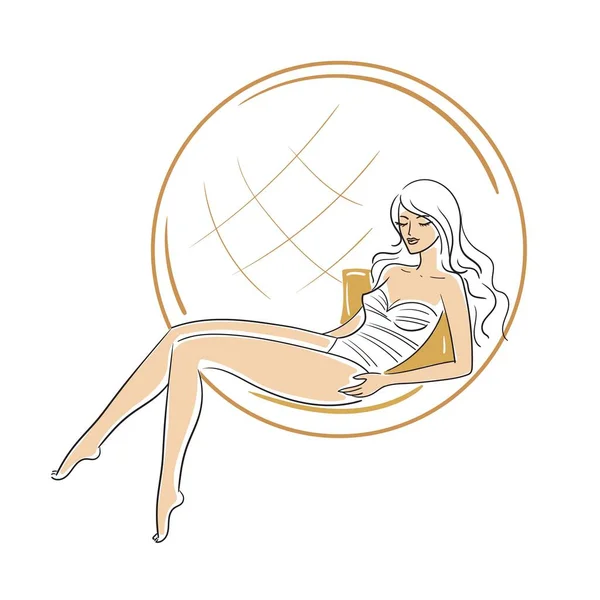 Handzeichnung einer schönen Frau im Badeanzug, die auf einem Stuhl ruht. Aktienvektorabbildung isoliert auf weißem Hintergrund. — Stockvektor
