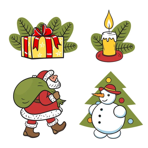 Der Weihnachtsmann trägt eine Tasche mit Geschenken auf weißem Hintergrund. Farbsticker.Handzeichnung Schneemann mit Hut, Karotte und Weihnachtsbaum, Weihnachtskerze — Stockvektor