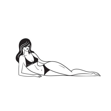 El çizimi mayo giymiş güzel bir kadın kumsalda yatıyor. Tatil ve seyahat kavramı: Beyaz arkaplanda izole edilmiş hisse senedi vektör çizimi.