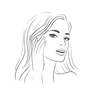 Kirpikleri gür, genç bir kadın yüzü. Beyaz arka planda güzel bir kız yüzü. Vektör çizimi. Cazibeli moda güzeli kadın yüz resmi, kirpik uzantısı. El kremi sürüyor..