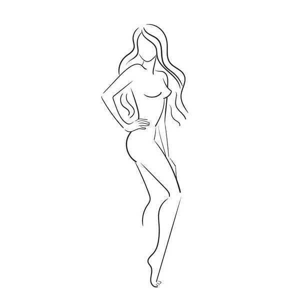 Hand drawn Beautiful nude young woman isolated on white background.Line illustration.Beauty Logo.Stock vector illustration. — Stock Vector