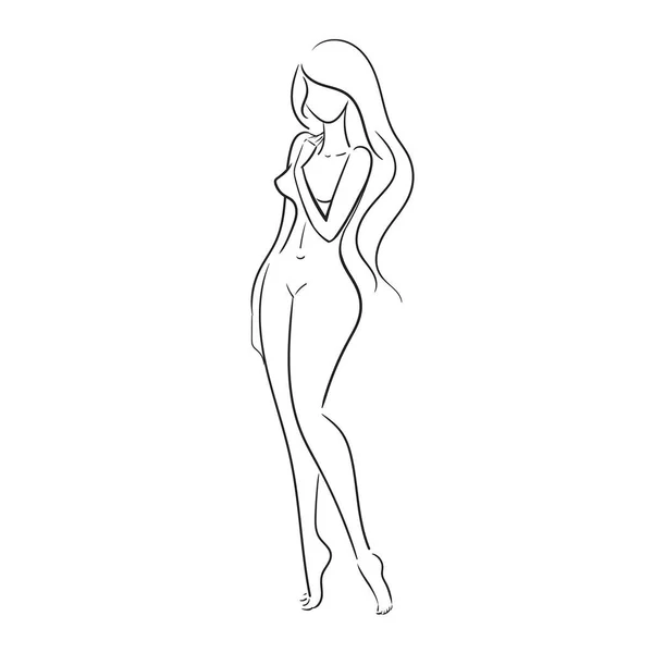 Jovem nua bonita desenhada à mão isolada em fundo branco.Line illustration.Beauty Logo.Stock ilustração vetorial. —  Vetores de Stock