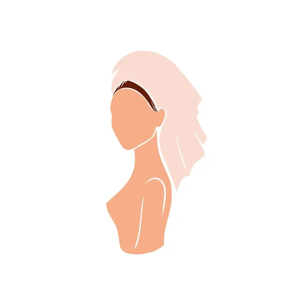 Hermosa mujer desnuda con toalla de baño en la cabeza. Stock ilustración plana vectorial aislada sobre fondo blanco. — Vector de stock