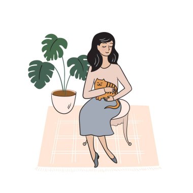 Bir kadın bitkilerle ve halıyla dolu bir odada kedisiyle oturuyor. Stock vektör illüstrasyonu. Ev konforu kavramı.