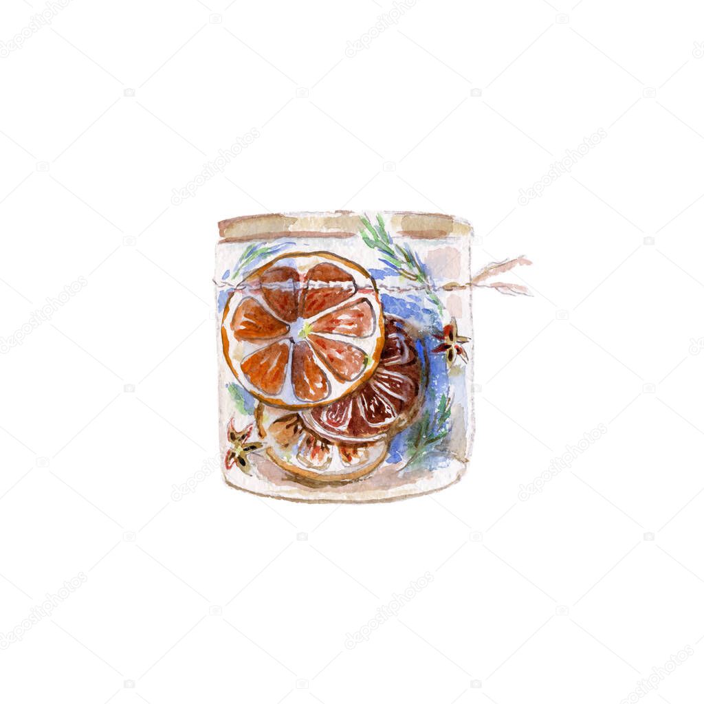 Winter Glass jar with oranges, rosemary, cardamom and cinnamon. Stock illustration isolated on white background.