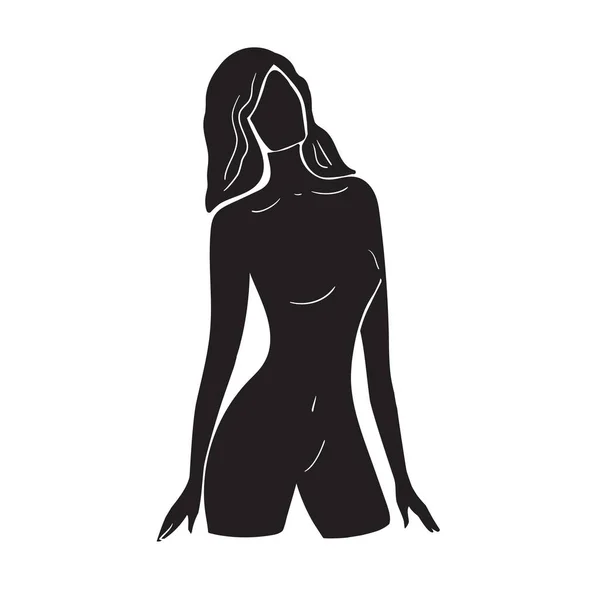 Mulher bonita nu preto e branco plana. Ilustração do vetor de estoque isolado no fundo branco. — Vetor de Stock