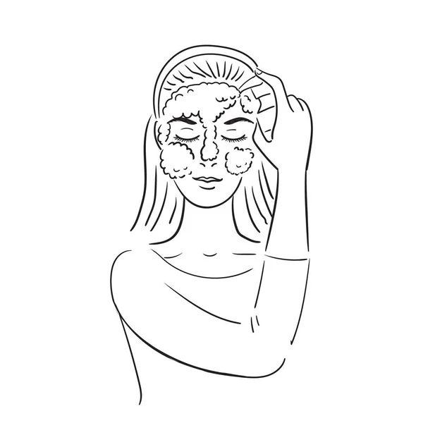 Belle jeune femme qui se lave le visage avec de la mousse. Illustration vectorielle de stock isolée sur fond blanc. — Image vectorielle