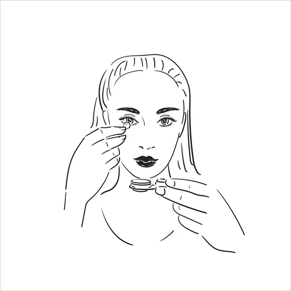 Una donna indossa o rimuove le lenti degli occhi. Illustrazione vettoriale stock isolato su sfondo bianco. — Vettoriale Stock