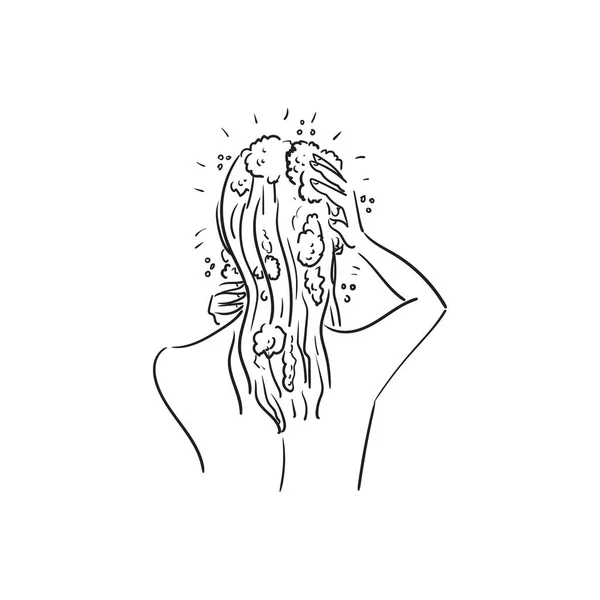 Une belle femme se tient debout avec son dos et se lave les cheveux avec un shampooing. Illustration linéaire. Illustration vectorielle de stock isolée sur fond blanc. — Image vectorielle