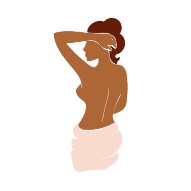 Güzel bir kadın sırtını banyo havlusuna dayamış duruyor. Stok vektör illüstrasyonu beyaz arka planda izole edildi. Güzellik cilt arka görünümü için kadın vücut spa tedavisi.